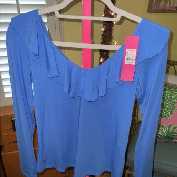 Lilly Pulitzer NWT Alessa Ruffle Top Coastal Blue $78 Size XS - Picture 2 of 5